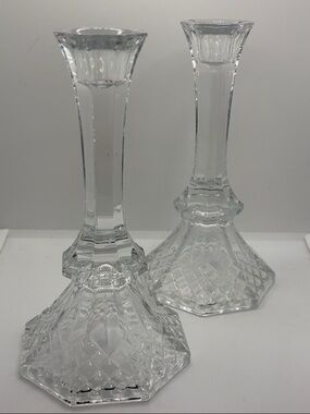 Vtg Pair 8” Crystal Glass Taper Candle Holders Anchor Hocking Legacy Diamond Cut